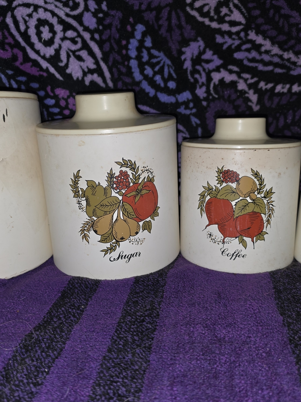 Vintage Cream Ceramic Sugar and Coffee Canister Set with Red Fruit Motif